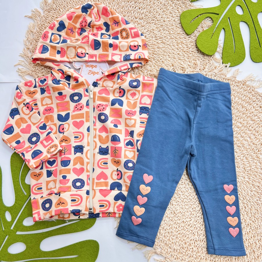  Inverno 2025 - Conj. Jaqueta com Capuz Gatinhas e Legging Corações - Areia e Azul Petróleo 